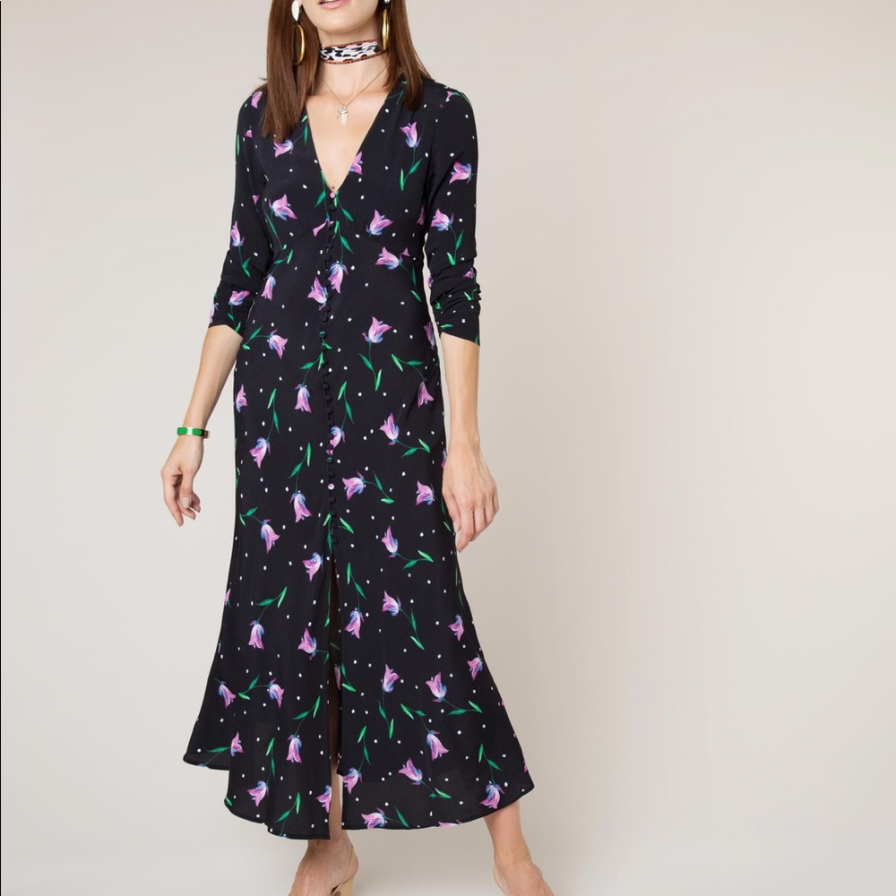 Rixo black midi dress with purple tulip design